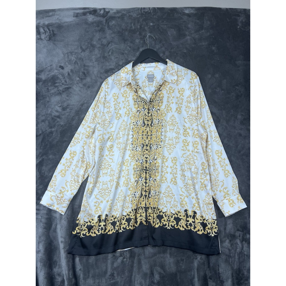 Chico's Size 3 Womens Cream w Gold Filigree  & Black  Button Down Blouse Elegant
